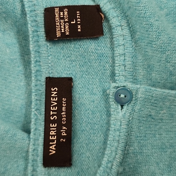 Valerie Stevens 2Ply 100% Cashmere Turquoise Cardigan Sweater SzL Soft Feminine - Picture 5 of 6
